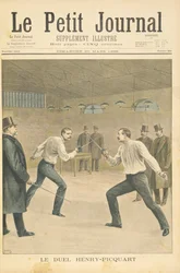 Titelside, der viser Henry-Picquart-duellen, modsatte officerer under Dreyfus-affæren, illustration fra det illustrerede supplement til Le Petit Journal, 20. marts, 1898